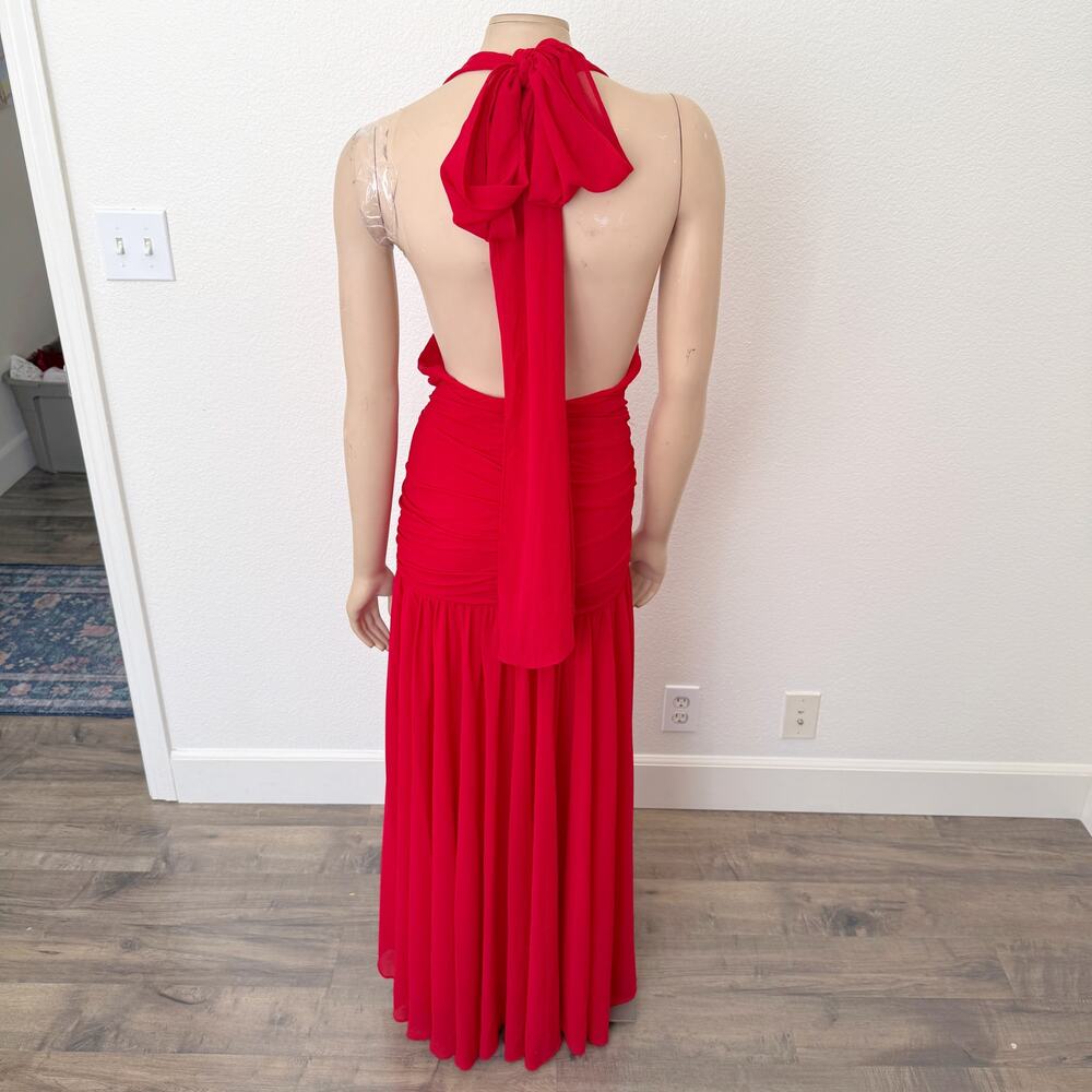 [Anthropologie] Bardot Red Mave Halter Neck Maxi Dress Low Back Ruched Slit 12 - Picture 3 of 12